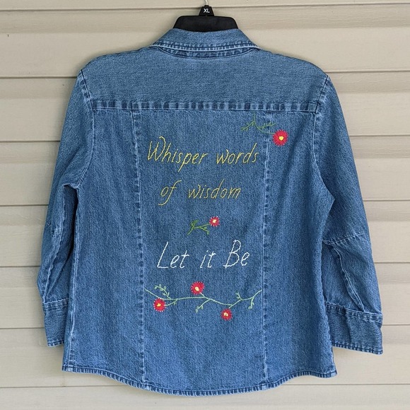 Hand Embroidered Beatles Lyrics Denim Shirt Size Large - Picture 1 of 8